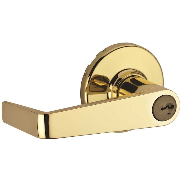 Kingston Polished Brass Storeroom Keyed UL Door Lever featuring SmartKey